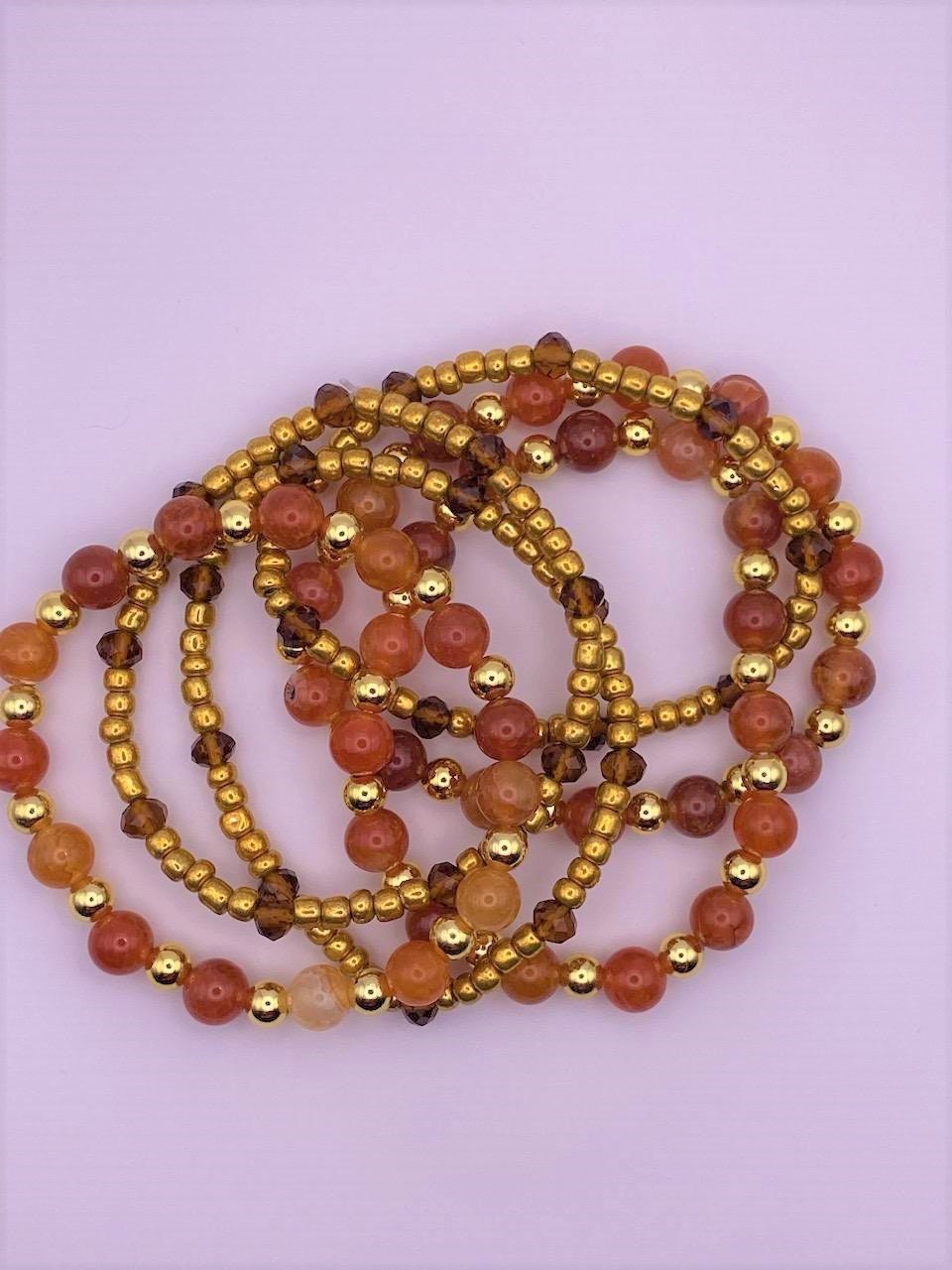 8 mm Orange Agate Glass Bead Bracelet